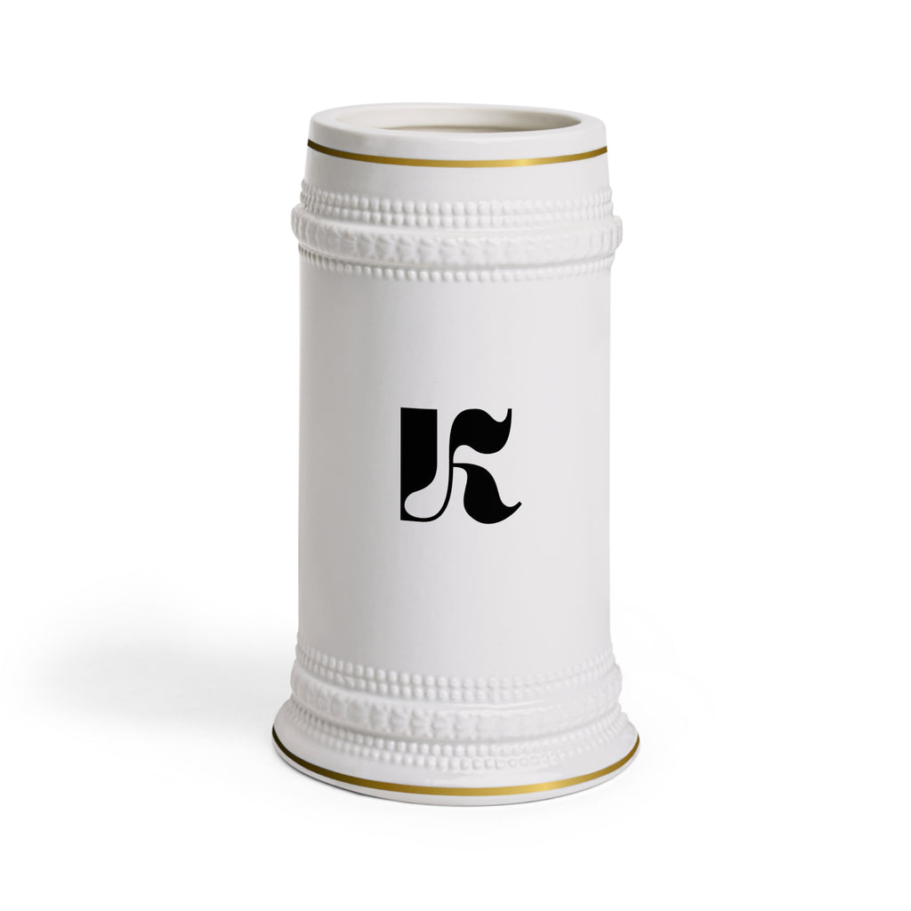 Denkyne Classic Ceramic Stein Mug with Monogram K — Elegant German-Style Beer Tankard