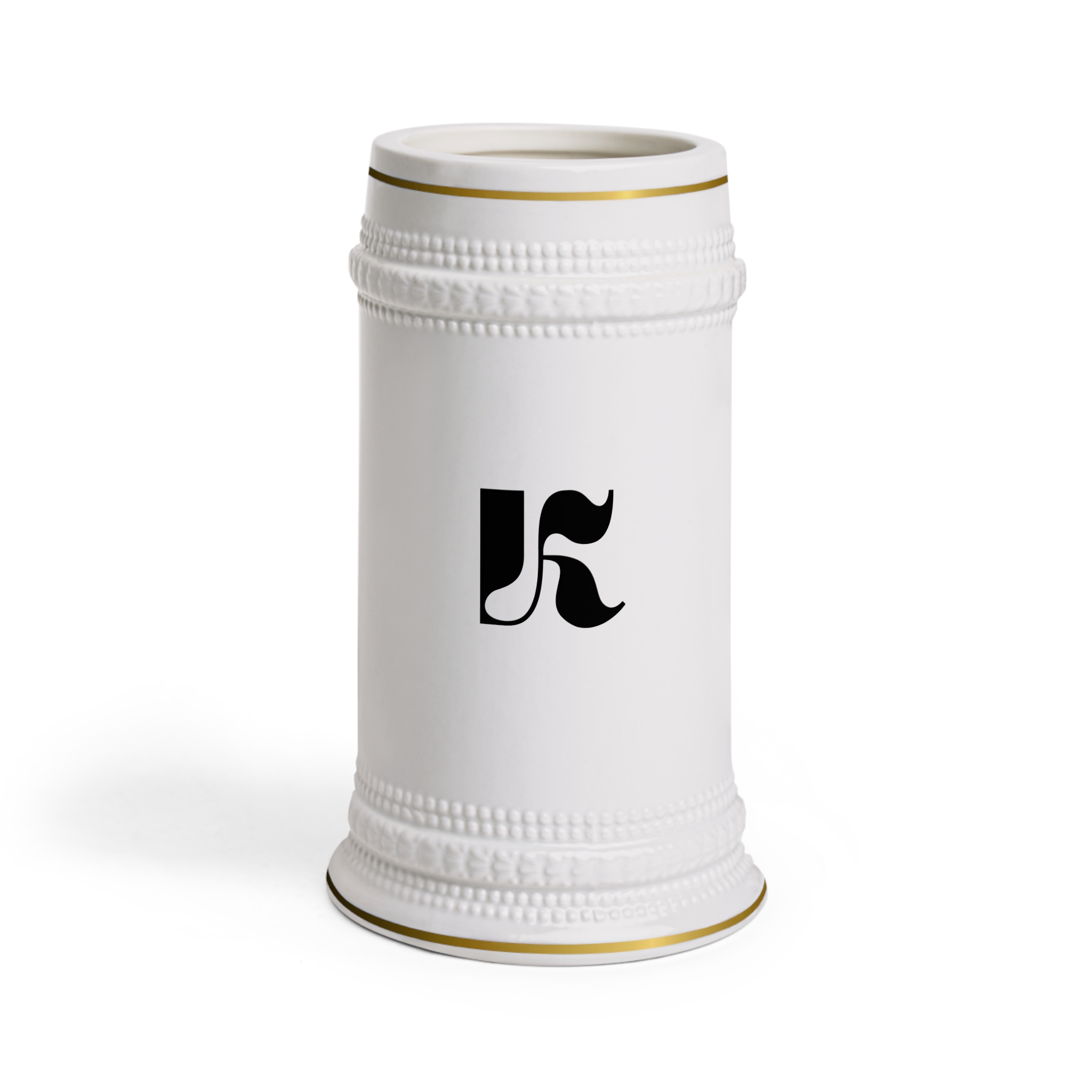 Denkyne Classic Ceramic Stein Mug with Monogram K — Elegant German-Style Beer Tankard