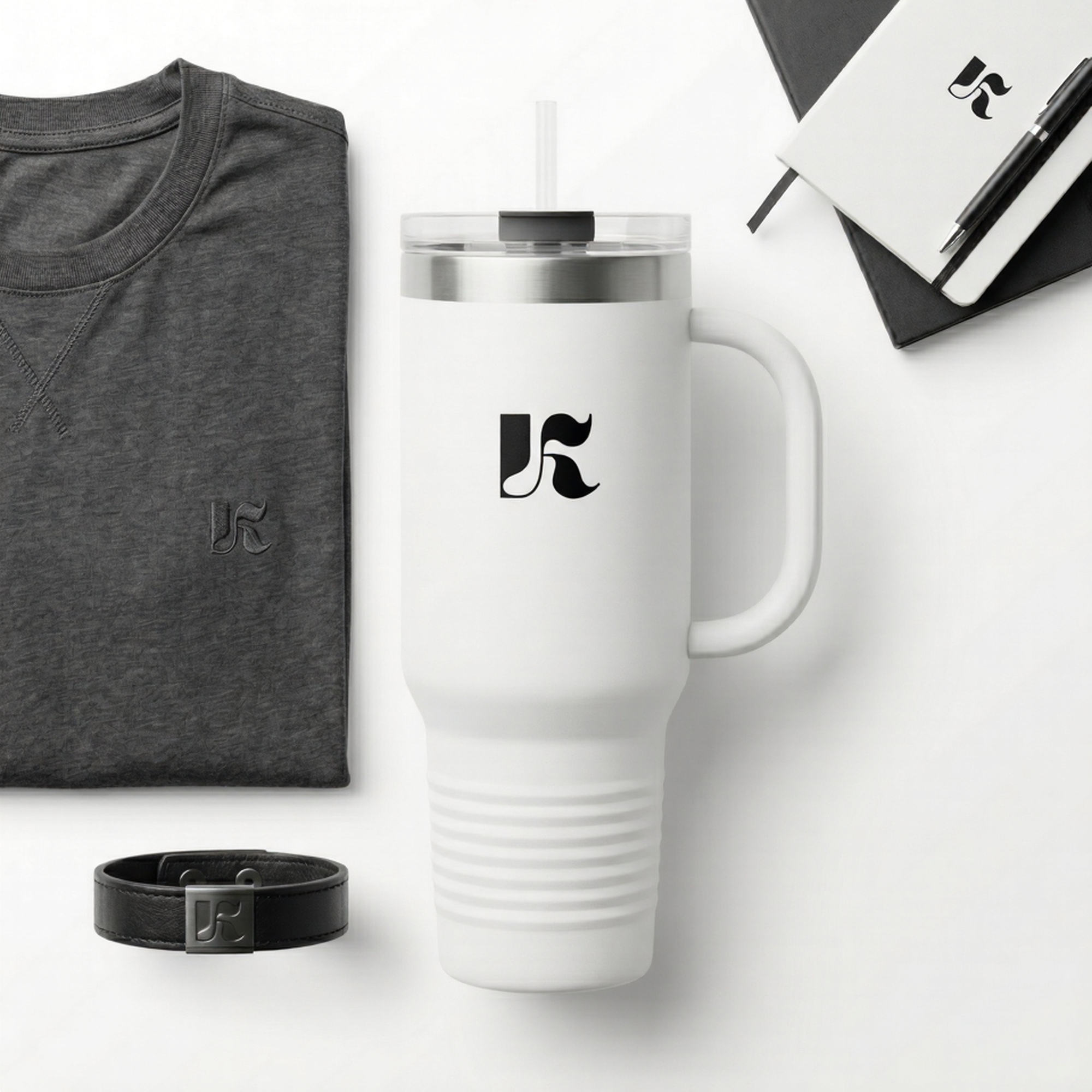 40oz Denkyne Insulated Travel Mug — White Stainless Tumbler with Handle